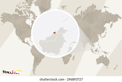 Zoom on Brunei Map and Flag. World Map.
