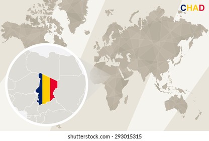 Zoom on Chad Map and Flag. World Map. 