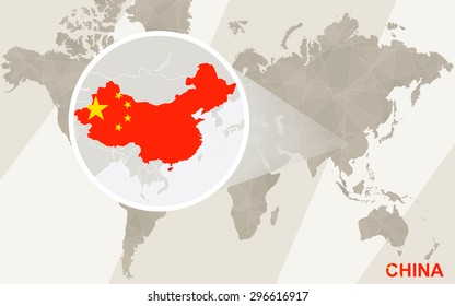 Zoom on China Map and Flag. World Map.
