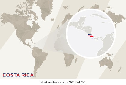 Zoom on Costa Rica Map and Flag. World Map.
