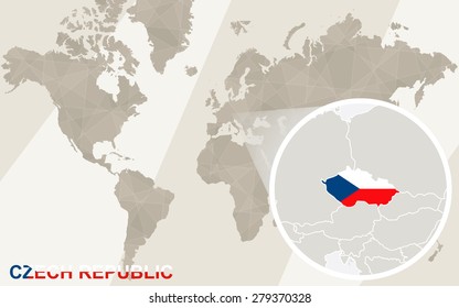 Zoom on Czech Republic Map and Flag. World Map. 
