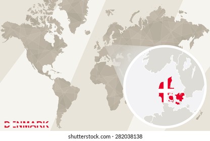 Zoom on Denmark Map and Flag. World Map.
