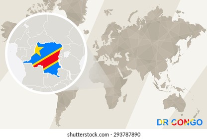 Zoom on DR Congo Map and Flag. World Map.
