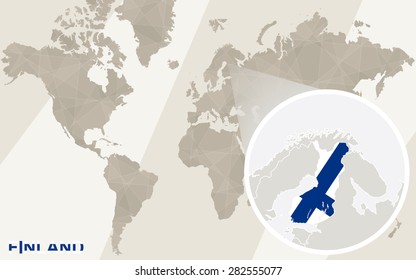 Zoom on Finland Map and Flag. World Map. 