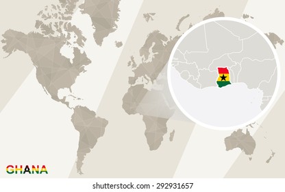 Zoom on Ghana Map and Flag. World Map. 