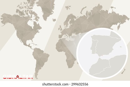 Zoom on Gibraltar Map and Flag. World Map.
