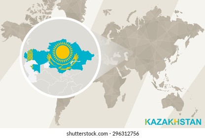 Zoom on Kazakhstan Map and Flag. World Map.

