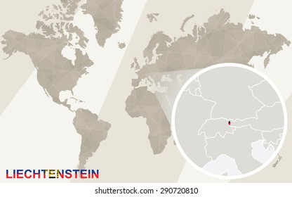 Zoom on Liechtenstein Map and Flag. World Map.

