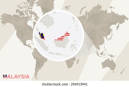 Zoom on Malaysia Map and Flag. World Map.
