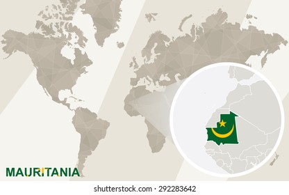 Zoom on Mauritania Map and Flag. World Map. 