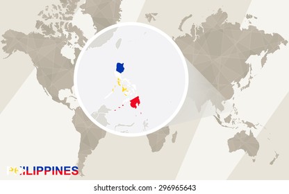 Zoom on Philippines Map and Flag. World Map.
