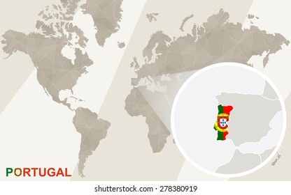 Zoom on Portugal Map and Flag. World Map.
