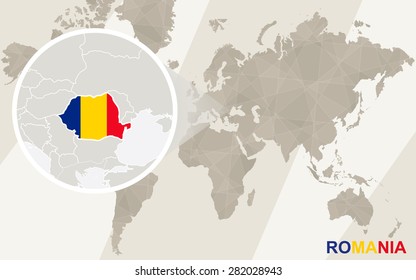 Zoom on Romania Map and Flag. World Map.
