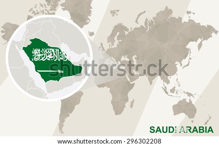 Zoom on Saudi Arabia Map and Flag. World Map.
