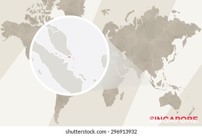 Zoom on Singapore Map and Flag. World Map.
