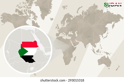 Zoom on Sudan Map and Flag. World Map. 