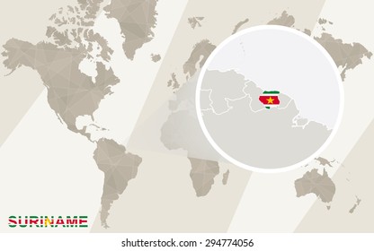 Zoom on Suriname Map and Flag. World Map.
