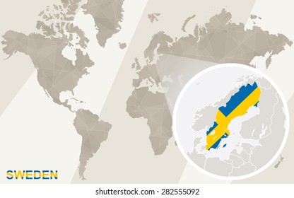 Zoom on Sweden Map and Flag. World Map. 