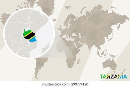 Zoom on Tanzania Map and Flag. World Map.
