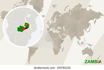 Zoom on Zambia Map and Flag. World Map.
