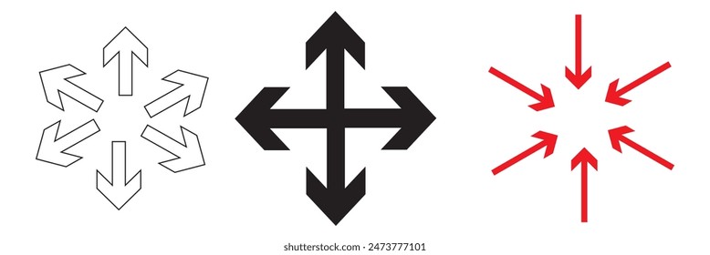 Zoom Out Arrow Icon Pointer Target Aim Assembly Point Position Navigation Here Black White Shape Line Outline Sign Symbol design eps 10