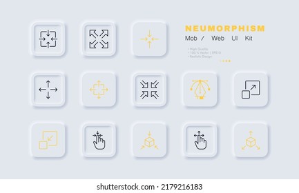 Zoom in and out arrows set icon. Minimize window, player, scale, maximize, 360 degrees, cube, hand, touch, metaverse, virtual reality. Technology concept. Neomorphism. Vector line icon for Business.