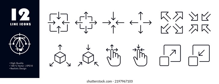 Vergrößern und Verkleinern der Pfeile auf das Symbol. Maximieren, minimieren, skalieren, erhöhen, verringern, dreidimensionalen Würfel, Ansicht, Hand, Bewegung, Kontrolle, Geste, erweitern. Technologiekonzept. Vektorliniensymbol für Business.