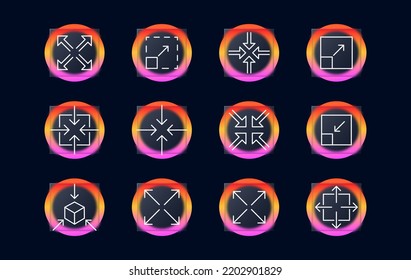 Vergrößern und Verkleinern der Pfeile auf das Symbol. Navigationstasten, Maximieren, Minimieren, Skalieren, Spieler, Betrachter, Blickwinkel. Technologiekonzept. Brillmorphismus-Stil. Vektorsymbol für Business und Werbung.