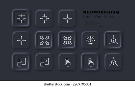 Zoom in and out arrows set icon. Scale, website buttons, metaverse, three dimensional cube, 3d, VR, view, viewer, player, watch, press, push, tap. Technology concept. Neomorphism. Vector line icon.