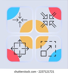Zoom in and out arrows set icon. Navigation buttons, maximize, minimize, scale, player, viewer, angles of view. Technology concept. Neomorphism style. Vector line icon for business