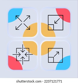 Zoom in and out arrows set icon. Scale, player, viewer, navigation buttons, maximize, minimize, angles of view. Technology concept. Neomorphism style. Vector line icon for business
