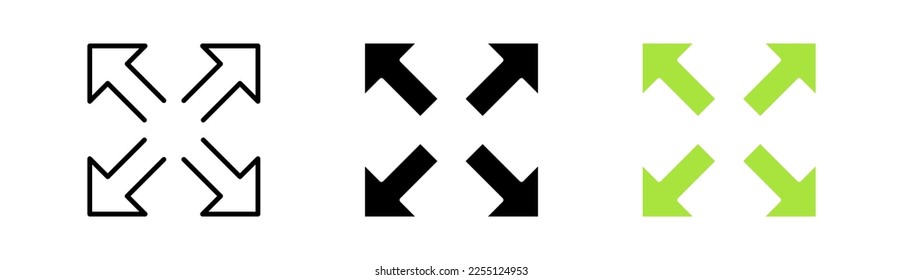 Zoom out arrows set icon. Maximize, minimize, view, full screen, window, player, viewer, control button, scale. Technology concept. Vector icon in line, black and colorful style on white background