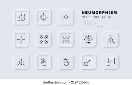 Zoom in and out buttons set icon. Arrows, scale, cube, view, viewing angle, 3d, three dimensional, hand, window, control, player, watch. Technology concept. Neomorphism. Vector line icon for Business.