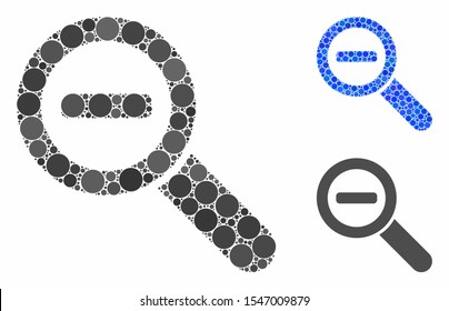 Zoom out composition of filled circles in different sizes and color tinges, based on zoom out icon. Vector dots are grouped into blue composition. Dotted zoom out icon in usual and blue versions.