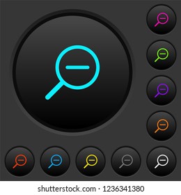Zoom out dark push buttons with vivid color icons on dark grey background