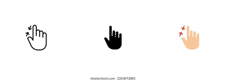 Zoom out finger icon. Mouse control, photo manipulation. Vector set of icons in line, black and colorful styles isolated on white background.