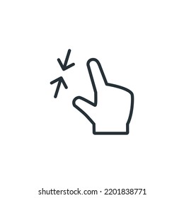 Reducir el gesto. Icono de pantalla táctil de mano. Icono de gesto de pinchazo de mano. Icono de línea de gestos de pantalla táctil. Símbolo de flechas de acción.