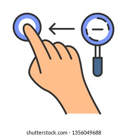 Zoom out horizontal gesture color icon. Touchscreen gesturing. Human hand and fingers. Tap, point, click. Using sensory devices. Isolated vector illustration