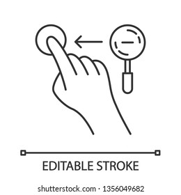 Zoom out horizontal gesture linear icon. Touchscreen gesturing. Human hand and fingers. Using sensory devices. Thin line illustration. Contour symbol. Vector isolated outline drawing. Editable stroke