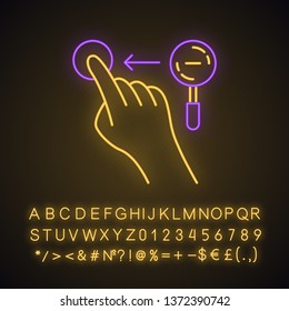 Zoom out horizontal gesture neon light icon. Touchscreen gesturing. Tap, point, click. Using sensory devices. Glowing sign with alphabet, numbers and symbols. Vector isolated illustration