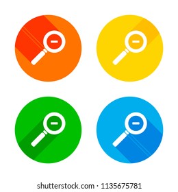Zoom out icon. Flat white icon on colored circles background. Four different long shadows in each corners