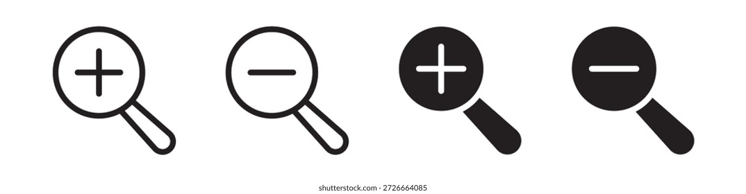  Acercar y alejar conjunto de iconos, en línea y estilo sólido, icono de UI UX, Ilustración vectorial.