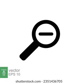 Zoom out icon. Simple flat, solid style. Magnifying glass, find, minus, search concept. Black silhouette, glyph symbol. Vector illustration isolated on white background. EPS 10.