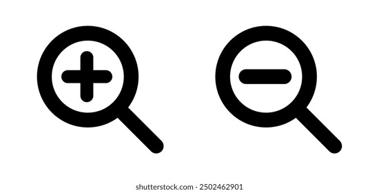 Zoom in and Zoom out icon vector illustration, magnifying glass icon isolated, plus minus sign, add symbol, delete sign, attached sign, search icon vector