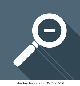 Zoom out icon. White flat icon with long shadow on background
