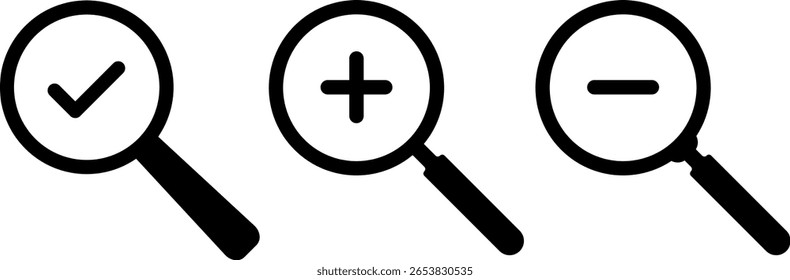 Zoom In and Zoom Out icons. Magnifying Glass icons. magnifier with plus and minus.  loupe with check mark sign. Search icons 