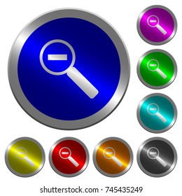 Zoom out icons on round luminous coin-like color steel buttons