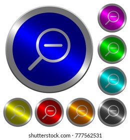 Zoom out icons on round luminous coin-like color steel buttons