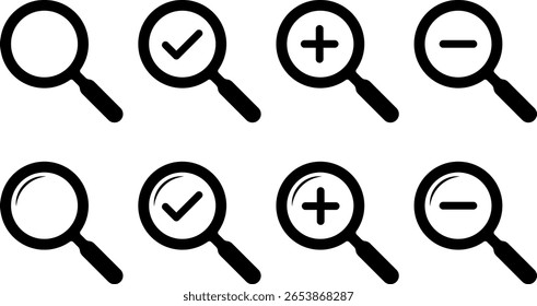 Zoom In and Zoom Out icons. Search icons. Magnifying Glass icons. magnifier with plus and minus.  loupe with check mark sign

