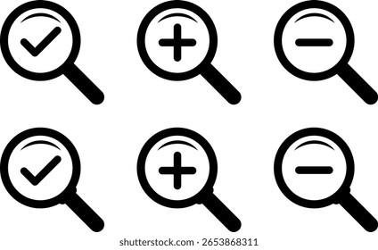 Zoom In and Zoom Out icons. Search icons. Magnifying Glass icons. magnifier with plus and minus.  loupe with check mark sign
